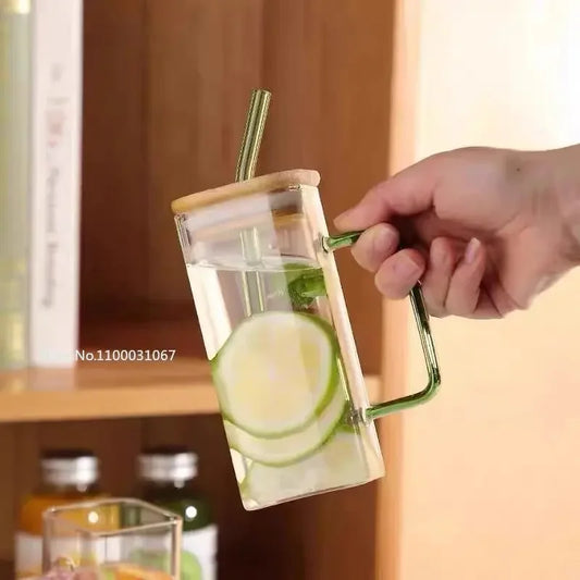 Artfan 350ML Square Mug with Lid & Straw, Colored Handle Layer Drinking Glass for Beverages