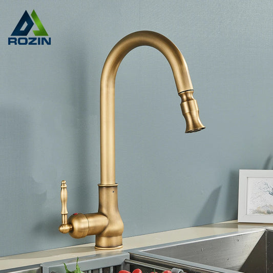 Artfan Antique Brass Kitchen Faucet Pull Out Spout Black Swivel Mixer Tap