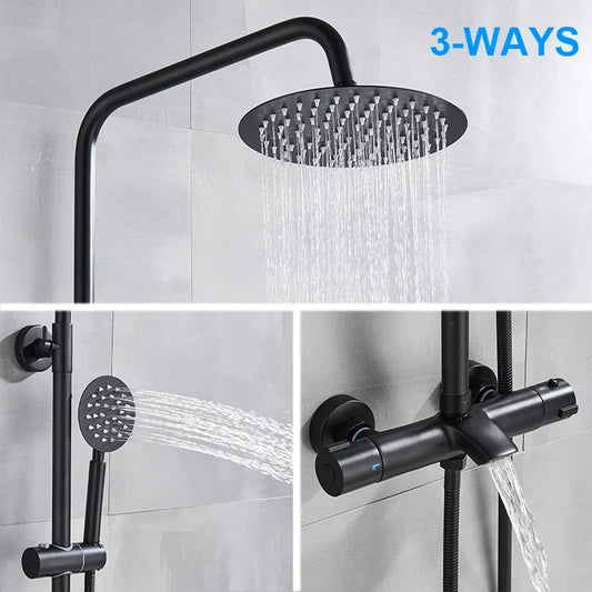 Artfan lighting Black Shower Faucet Set with Thermostatic Control and 8" Rainfall Head