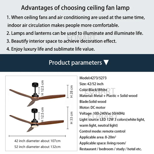 Artfan 52" Black Wood Ceiling Fan with LED Light and Remote Control