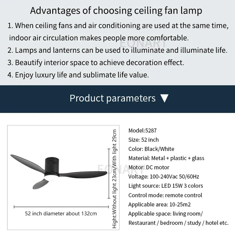 Artfan 52" Black DC Ceiling Fan, Remote Control, No Light