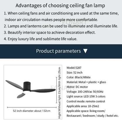 Artfan 52" Black DC Ceiling Fan, Remote Control, No Light