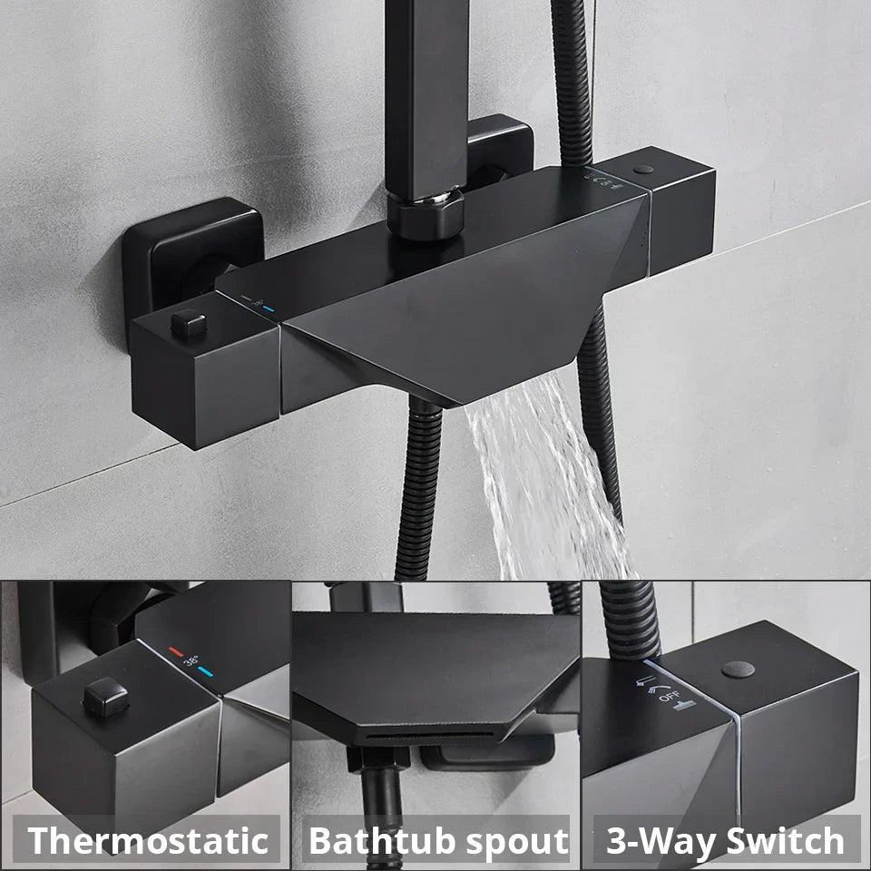 Artfan lighting Black Thermostatic Rain Shower Faucet Set for Wall Mounted Bathrooms