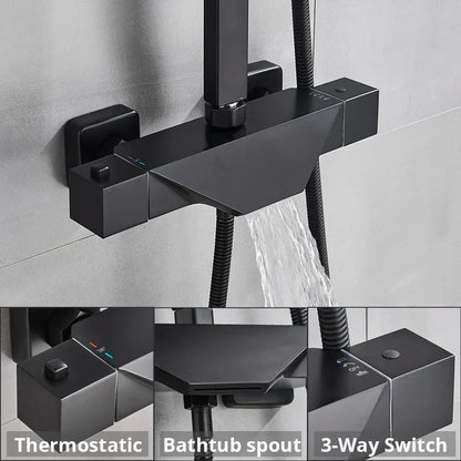 Artfan lighting Black Thermostatic Rain Shower Faucet Set for Wall Mounted Bathrooms