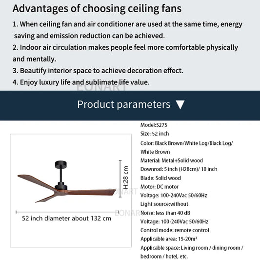 Artfan lighting Black Wooden Ceiling Fan Modern Solidwood Remote Control 52" No Light
