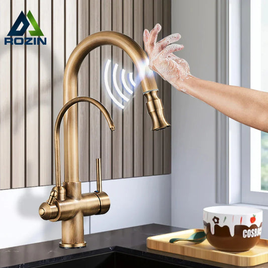 Artfan Antique Brass Kitchen Faucet with Touch Sensor and Swivel Sprayer Tap