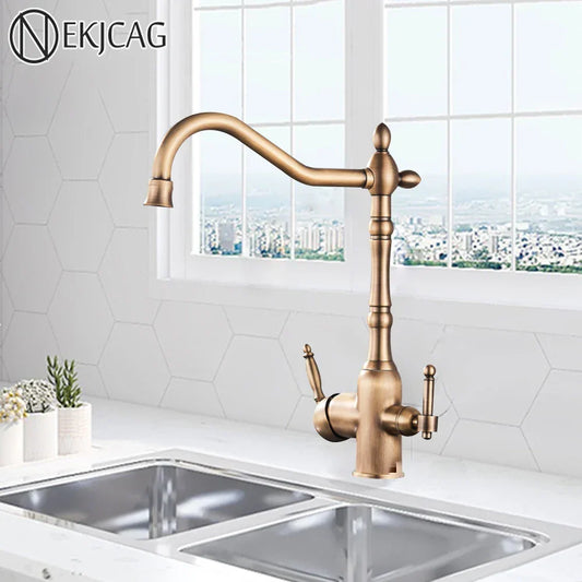 Artfan Antique Brass Dual Spout Kitchen Filter Faucet - Hot Cold Mixer Taps