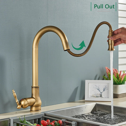 Artfan Antique Brass Kitchen Faucet Pull Out Spout Black Swivel Mixer Tap