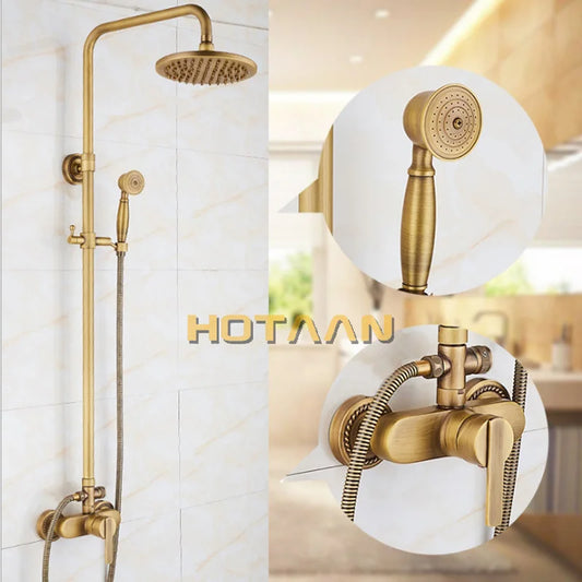 Artfan Antique Brass Shower Faucet Set with Rainfall Mixer Valve, 8" Head, Hand Shower