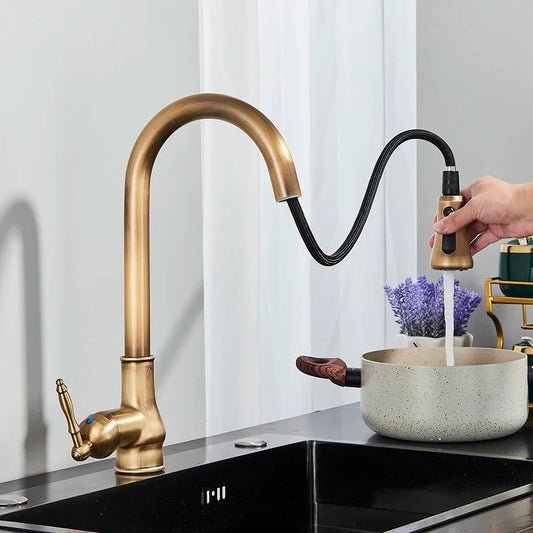 Artfan Antique Brass Kitchen Faucet Pull Out Single Handle Mixer Tap 360 Rotation
