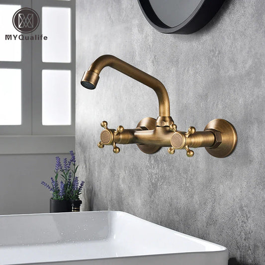 Artfan Antique Brass Dual Handle Wall Mount Kitchen Faucet