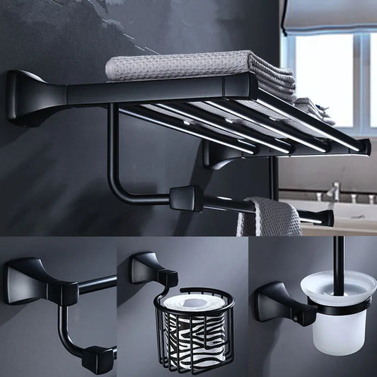 Artfan Aluminum Black Bathroom Hardware Set: Towel Holder, Paper Holder, Corner Shelf, Towel Rack, Toilet Brush Holder