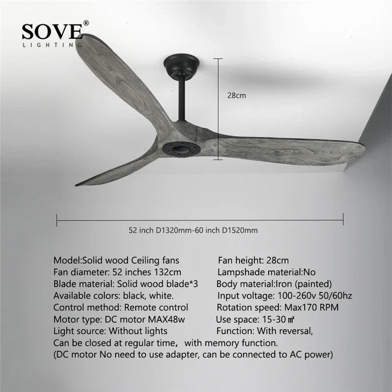 Artfan 60" Vintage Wood Ceiling Fan w/ Remote Control, No Light, DC Fans 220V