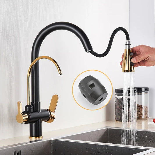 Artfan 3-Way Water Filter Kitchen Faucet: Black & Golden Crane Pull Out Sprayer
