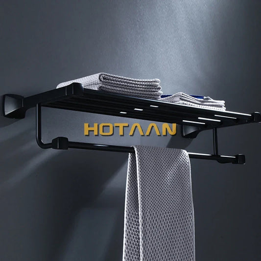 Artfan lighting Black Aluminum Towel Rack with Hook, Wall-mounted Bathroom Towel Holder and Shelf