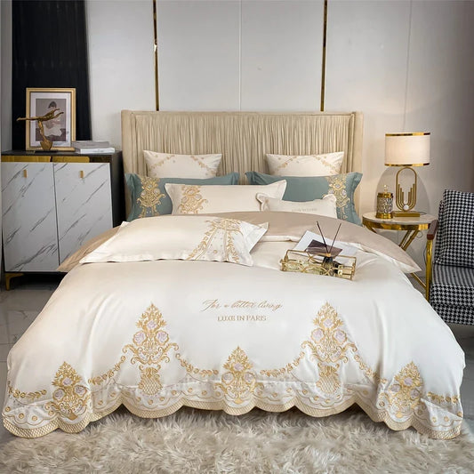 Artfan 1000TC Egyptian Cotton Gold Embroidery 4Pcs Bedding Set - Luxe Chic Collection