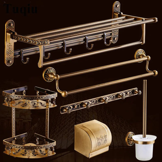 Artfan Antique Bronze Carved Bathroom Accessories Set: Towel Rack, Paper Holder, Toilet Brush Holder, Hooks