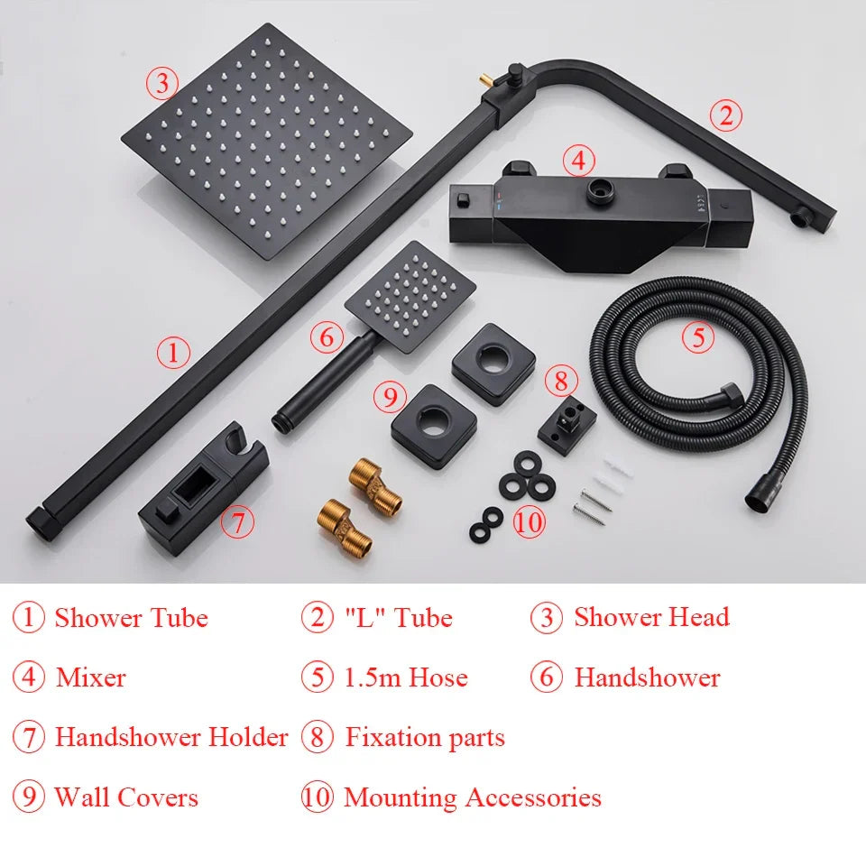 Artfan lighting Black Thermostatic Rain Shower Faucet Set for Wall Mounted Bathrooms