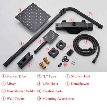 Artfan lighting Black Thermostatic Rain Shower Faucet Set for Wall Mounted Bathrooms