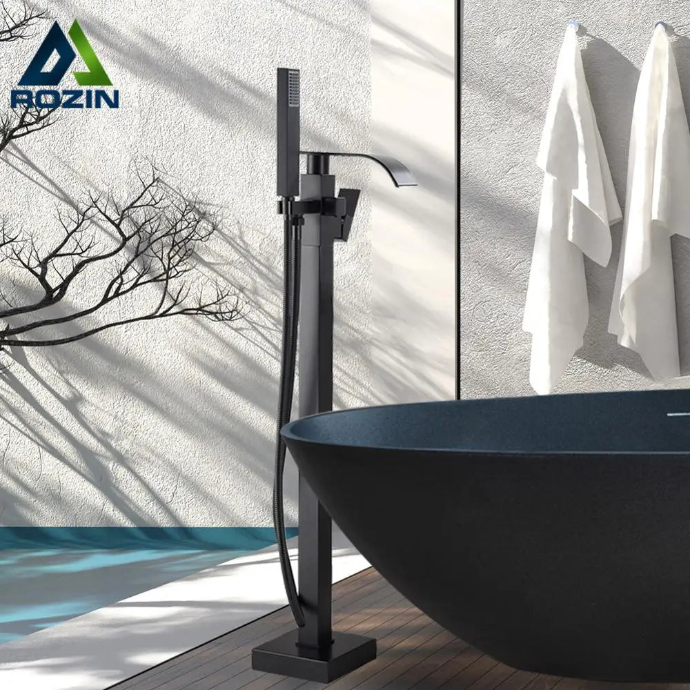 Artfan Matte Black Waterfall Bathtub Shower Faucet, Floor Standing Hot Cold Mixer Tap