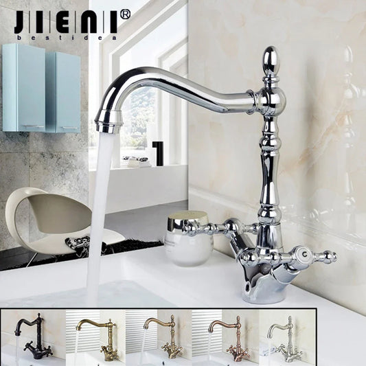 Artfan Antique Brass Dual Handle Swivel Sink Faucet Rotated Mixer Tap