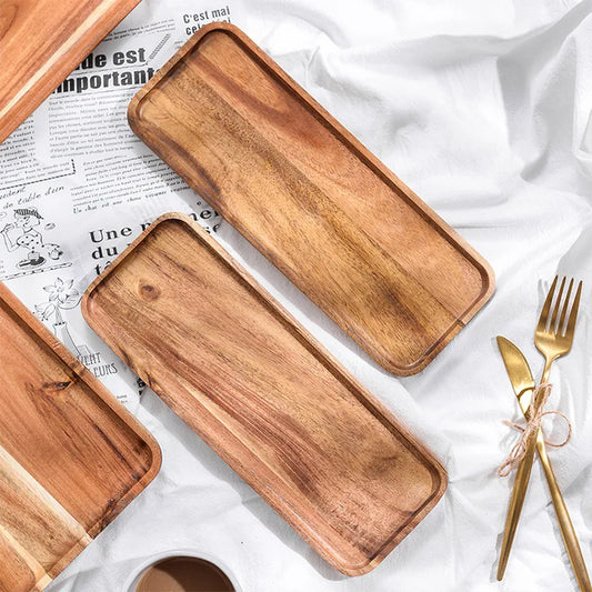 Artfan Acacia Wood Breakfast Tray - Rectangular Fruit Plate with Wooden Cutlery