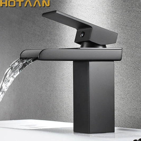 Artfan lighting Black Plated Brass Waterfall Bathroom Basin Faucet Mixer Square Vanity Sink