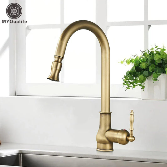Artfan Antique Brass Kitchen Sink Faucet with Pull Down Swivel Spout