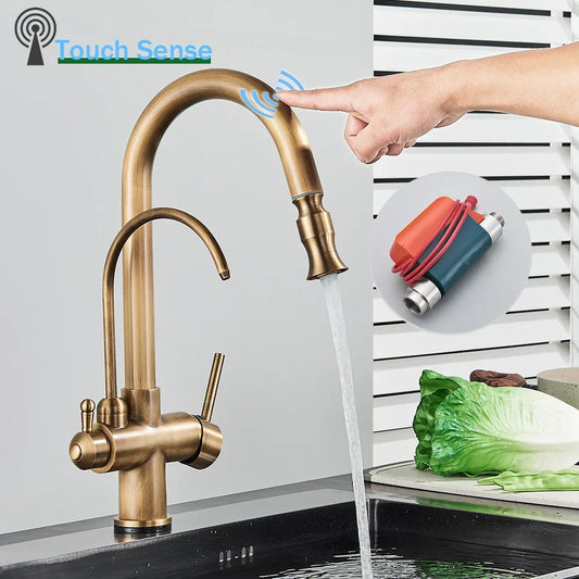 Artfan Antique Brass Kitchen Faucet with Touch Sensor and Swivel Sprayer Tap