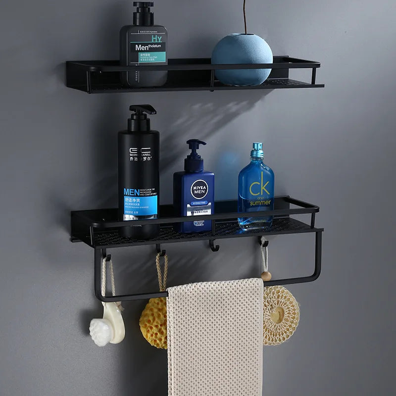 Artfan lighting Black Aluminum Bathroom Shelf with Towel Bar Wall Mounted - Bath Shower Shampoo Holder