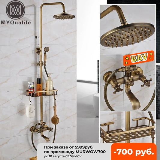 Artfan Antique Brass Wall Mount Bathtub Shower Faucet Dual Handle Shelf Spout