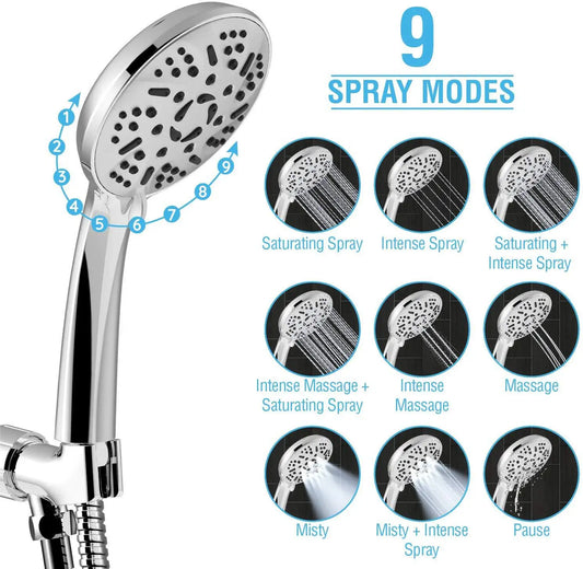 Artfan 9-Function Big Panel Handheld Shower Head - High Pressure Water Saving Massage