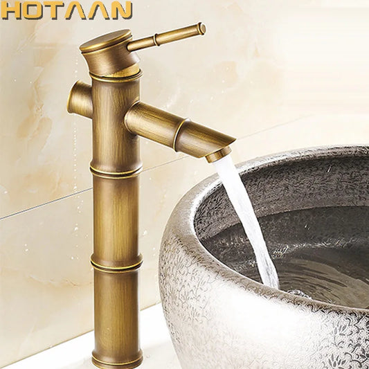 Artfan Antique Brass Bamboo Style Basin Faucet, Vintage Bronze Finish, Single Handle Hot/Cold Tap