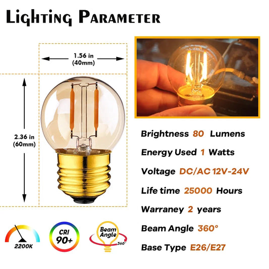 Artfan Amber Glass LED Bulb G40 1W E12 E14 Base 2200K Low Voltage for RV Ship