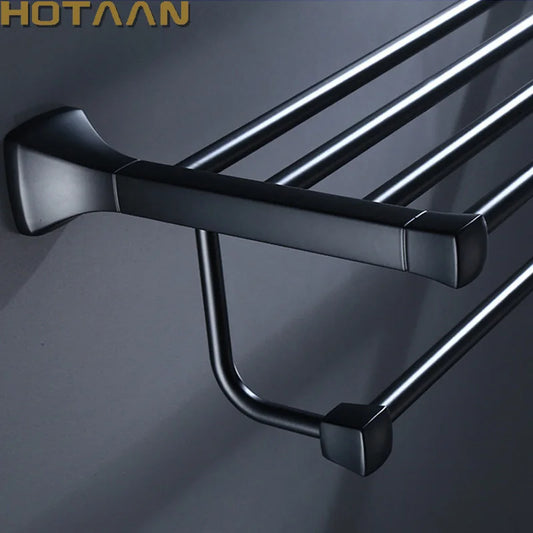 Artfan lighting Black Aluminum Towel Rack with Hook, Wall-mounted Bathroom Towel Holder and Shelf