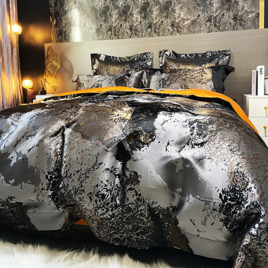 Artfan lighting Black Gold Jacquard Egyptian Cotton Bedding Set, Satin Duvet Cover, Fitted Sheet Pillowcases