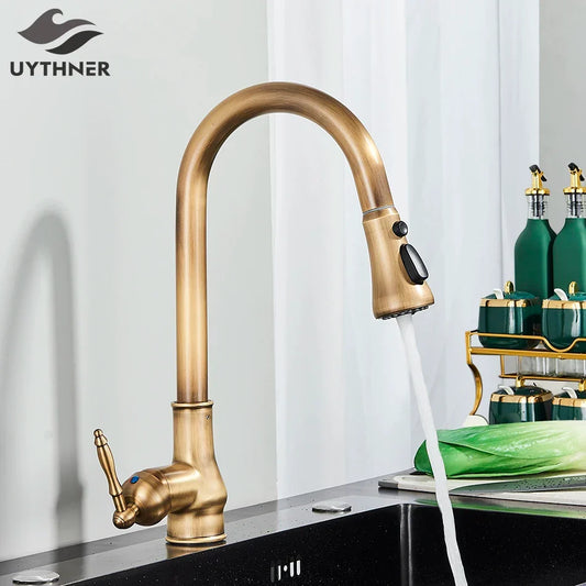 Artfan Antique Brass Kitchen Faucet Pull Out Single Handle Mixer Tap 360 Rotation