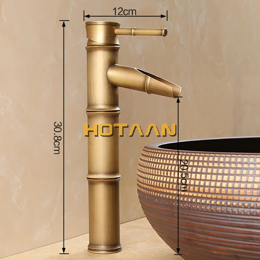 Artfan Antique Brass Bamboo Style Basin Faucet, Vintage Bronze Finish, Single Handle Hot/Cold Tap