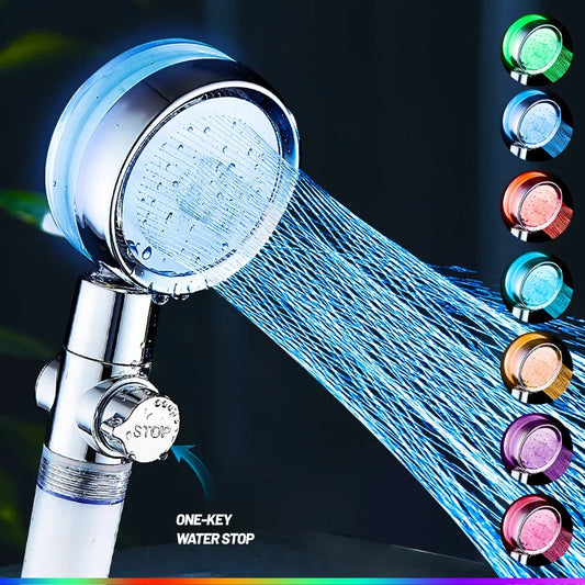 Artfan 7-Color LED Handheld Shower Head with Stop Button and High Pressure Nozzle