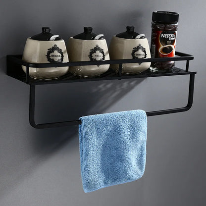 Artfan lighting Black Aluminum Bathroom Shelf with Towel Bar Wall Mounted - Bath Shower Shampoo Holder