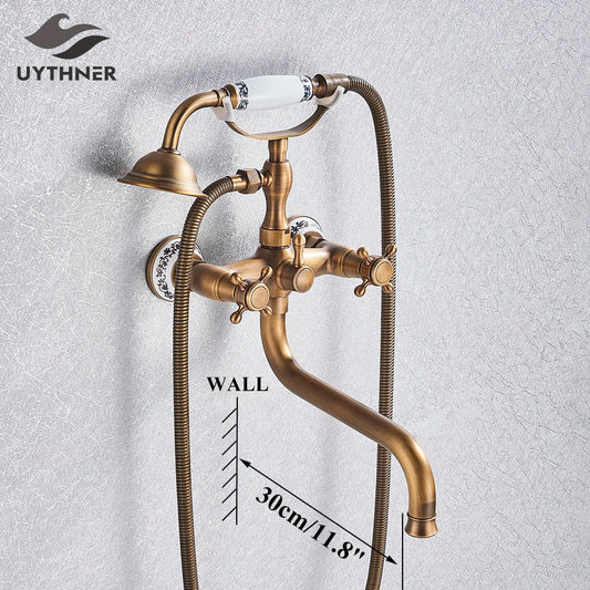 Artfan Antique Brass Wall Mount Bath Shower Mixer Tap with 30cm Spout Rotation