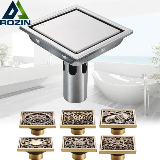 Artfan Antique Brass Shower Floor Drain 10cm Square Waste Strainer Cover Grate