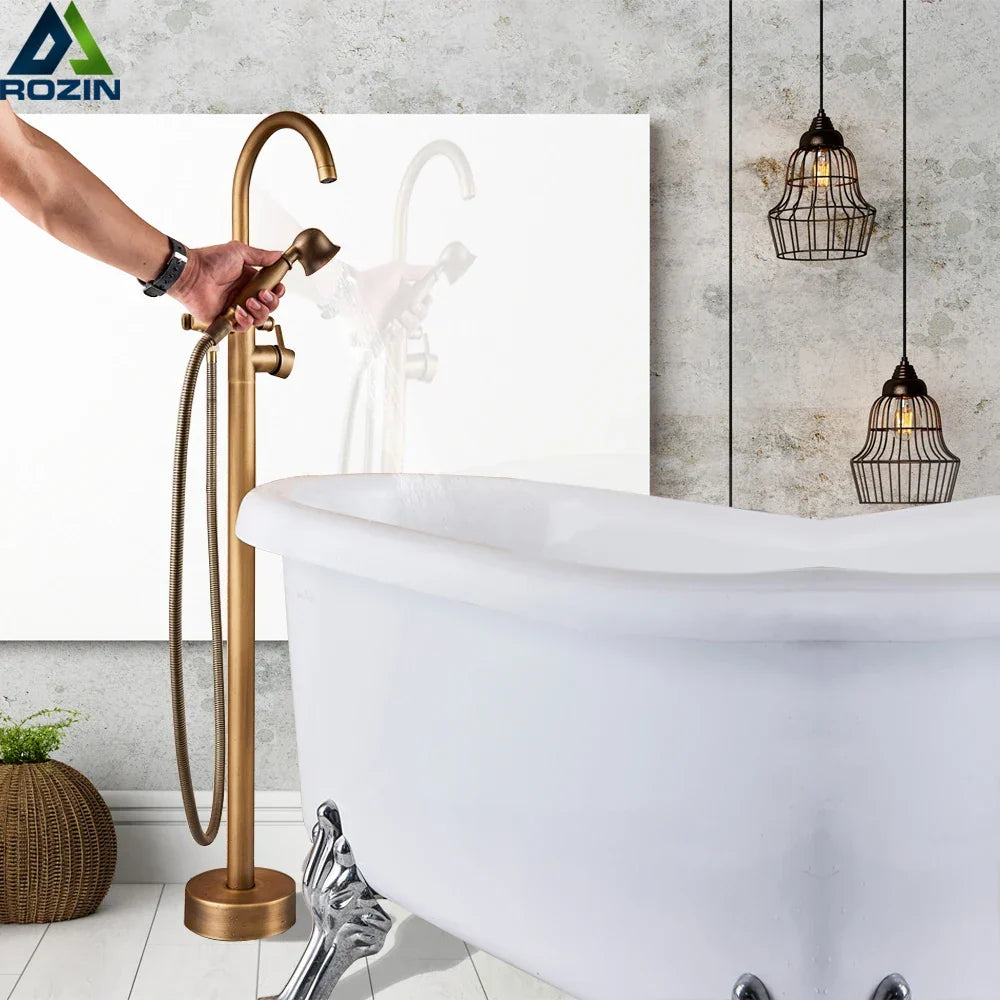 Artfan Antique Brass Floor Mount Tub Faucet Swivel Spout Shower Mixer Tap