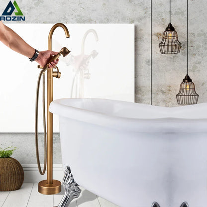 Artfan Antique Brass Floor Mount Tub Faucet Swivel Spout Shower Mixer Tap