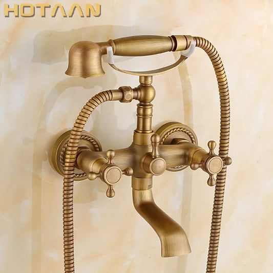 Artfan Antique Brass Shower Faucet Kit with Wall Mounted Hand Held Shower Head