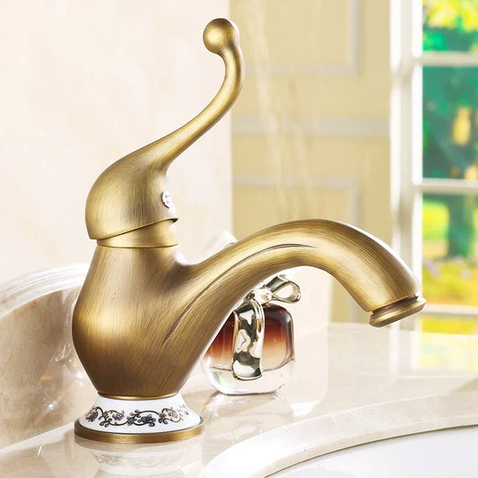 Artfan Antique Brass Single Handle Deck Mount Bathroom Sink Faucet.
