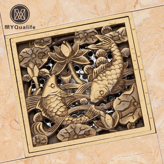 Artfan Antique Brass Square Fish Carved Bathroom Floor Drain Hair Strainer
