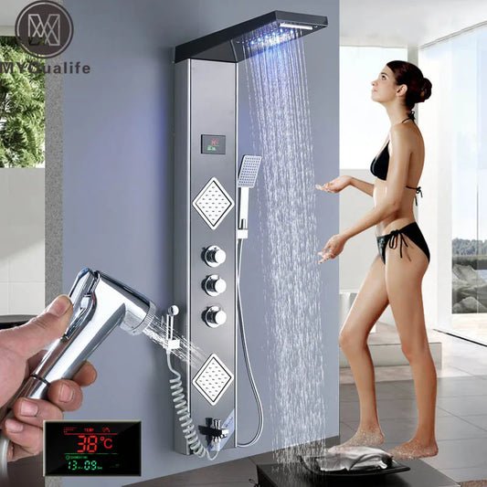 Artfan lighting Black LED Shower Panel Tower with Digital Screen and Thermostatic Mixer