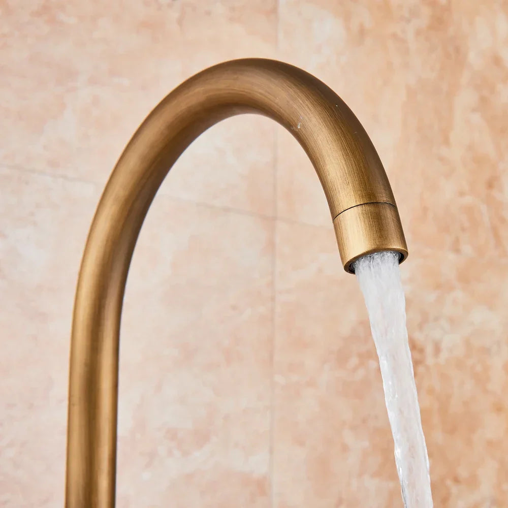 Artfan Antique Brass Floor Mount Tub Faucet Swivel Spout Shower Mixer Tap