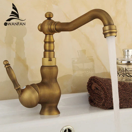 Artfan Antique Brass Bathroom Sink Faucet Swivel Spout Single Handle Hot Cold Mixer Tap